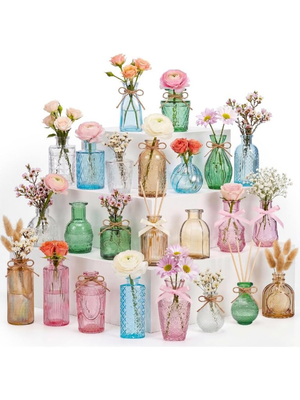24 Pcs Mini Colored Glass Bud Vases - Small Flower Centerpieces for Home Decor